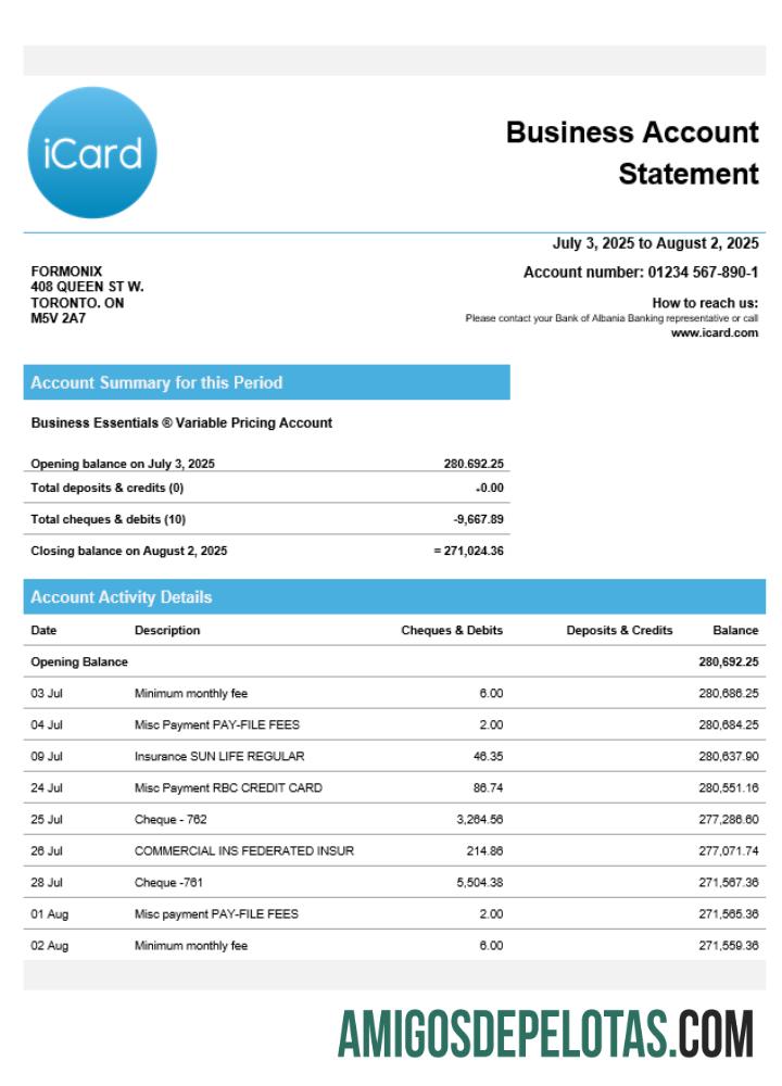Em branco Ucrânia Icard Business Checking modelo de extrato de conta Word e PDF
